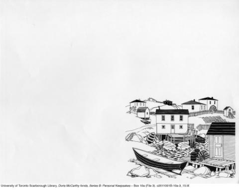 Harbour with houses and rowboats in black and white.