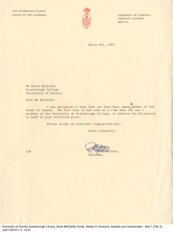 Congratulatory letter from St. Clair Balfour