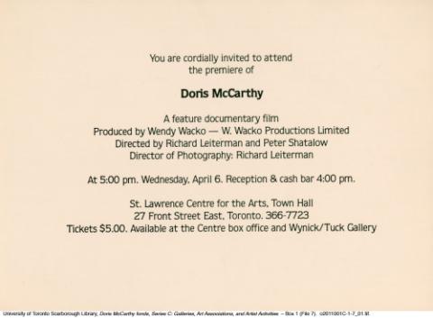 Invitation to premiere of "Doris McCarthy"