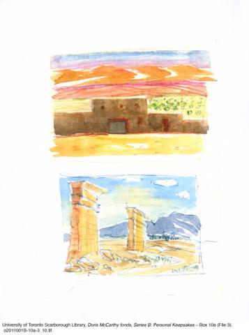 Building in the countryside and two columns near the hills in colour.