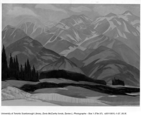 Print of painting of mountains, black and white