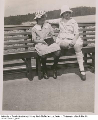 Doris McCarthy with Marjorie Wood (nee Beer) on the bench